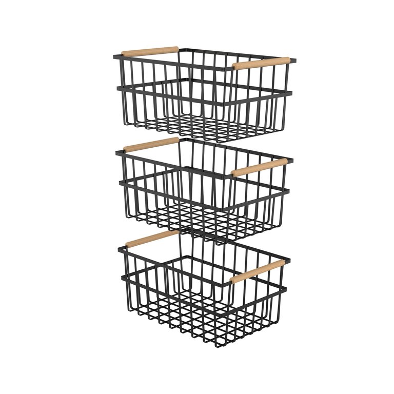 Metal Wire Organizer Bin Basket With Handles, Set Of 3, Black - WBHB1910