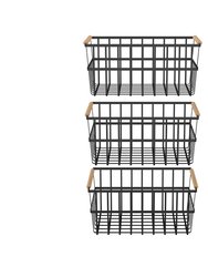 Metal Wire Organizer Bin Basket With Handles, Set Of 3, Black - WBHB1910