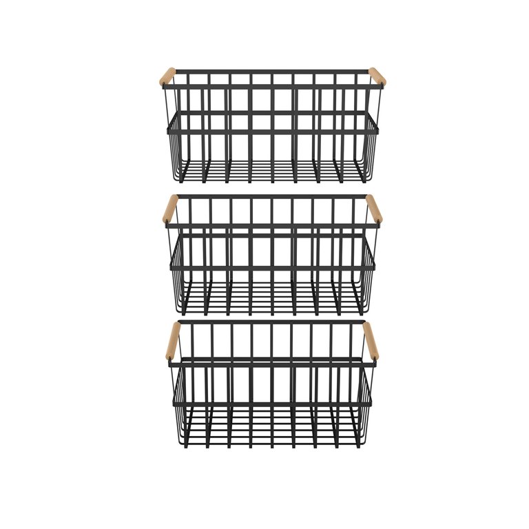 Metal Wire Organizer Bin Basket With Handles, Set Of 3, Black - WBHB1910