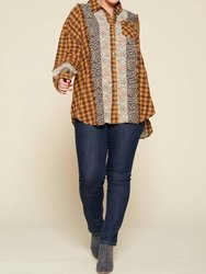 Plaid Oversized Floral And Animal Print Plus Shirt - Mustard And Brown