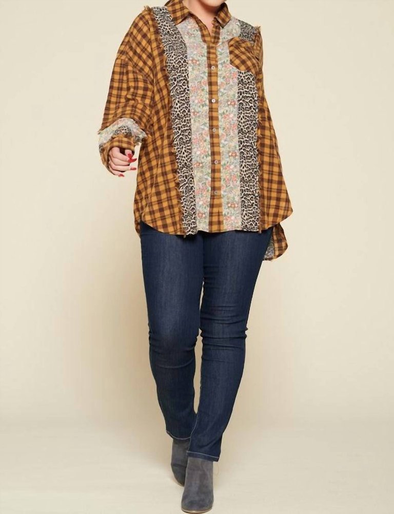 Plaid Oversized Floral And Animal Print Plus Shirt - Mustard And Brown