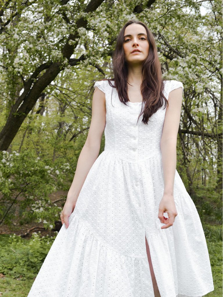 Claudette Dress in White Cotton Eyelet - White Eyelet