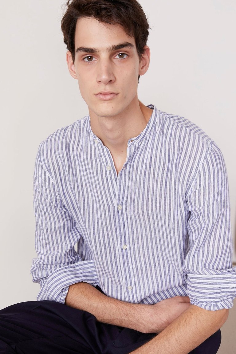 Gaston Italian Linen Stripe Shirt - Dark Navy-White