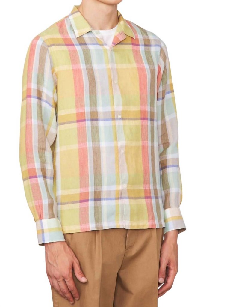 Men's Js No Pipping Japanese Madras Shirt In White,Yellow,Green - White,Yellow,Green