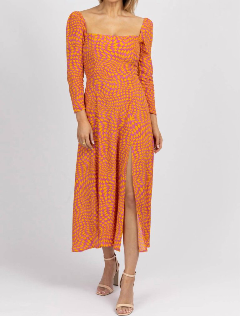 Checked Squareneck Midi Dress - Orange