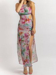 Floral Open Back Maxi Dress - Grey + Fuchsia