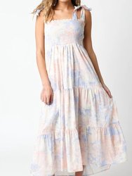 Floral Smocked Midi Dress - Multi Color Pastel - Multi Color Pastel