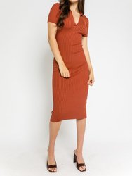 Knit Collared Short Sleeve Ribbed Dress - Light Brown