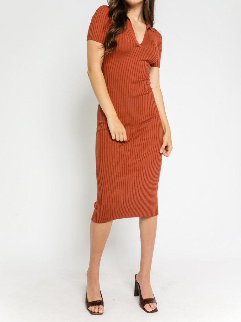 Knit Collared Short Sleeve Ribbed Dress - Light Brown