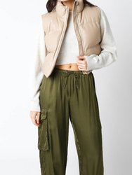 Solid Cropped Puffer Vest - Khaki