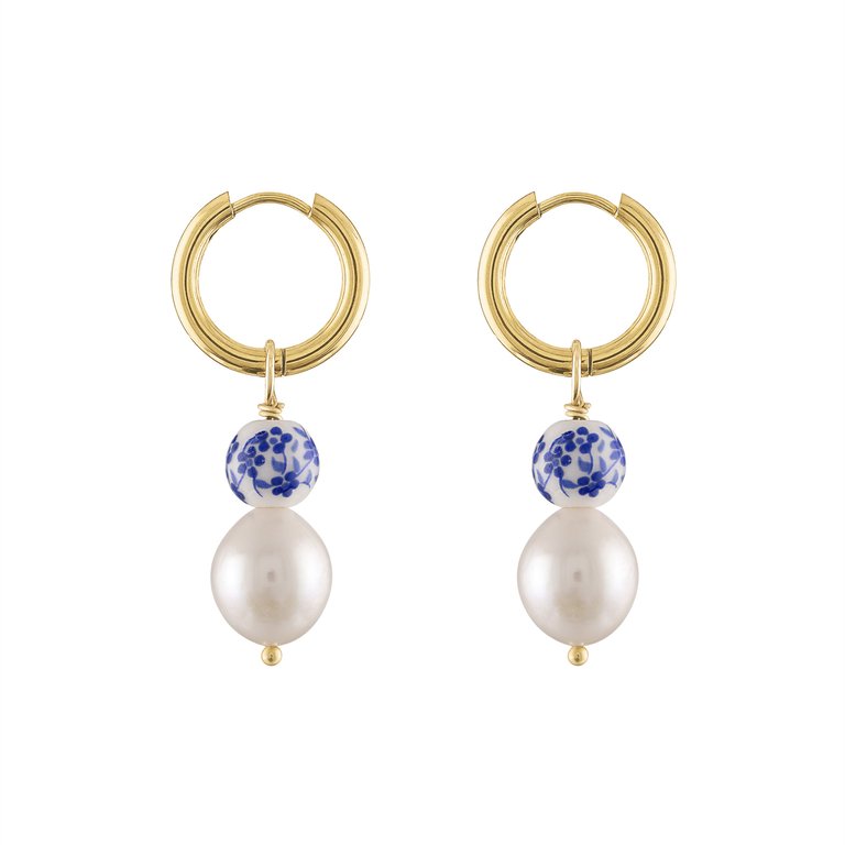 Liya Pearl Painted Bead Hoop Earrings - Gold