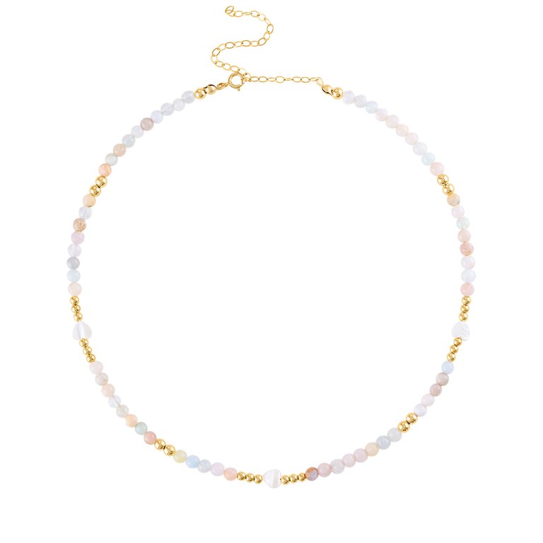 Morganite Heart Beaded Necklace - Gold/Multi