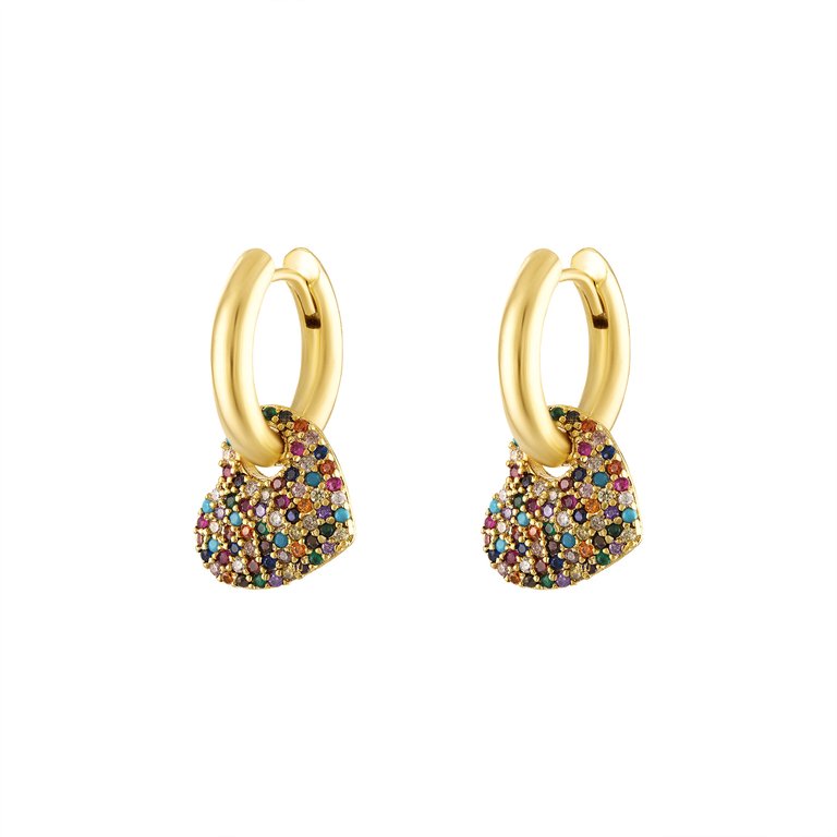 Rainbow Pave Heart Hoop Earrings - Gold