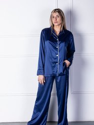 Pilar-Long Satin Pajama Set - Blue