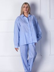 Totem-Striped Long Cotton/Linen Pajama Set - Blue