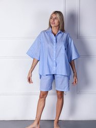 Totem-Striped Short Cotton/Linen Pajama Set - Blue