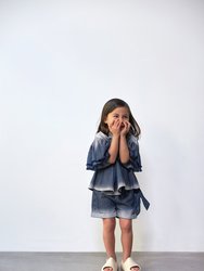 Girls Distressed Chambray Flared Top - Indigo