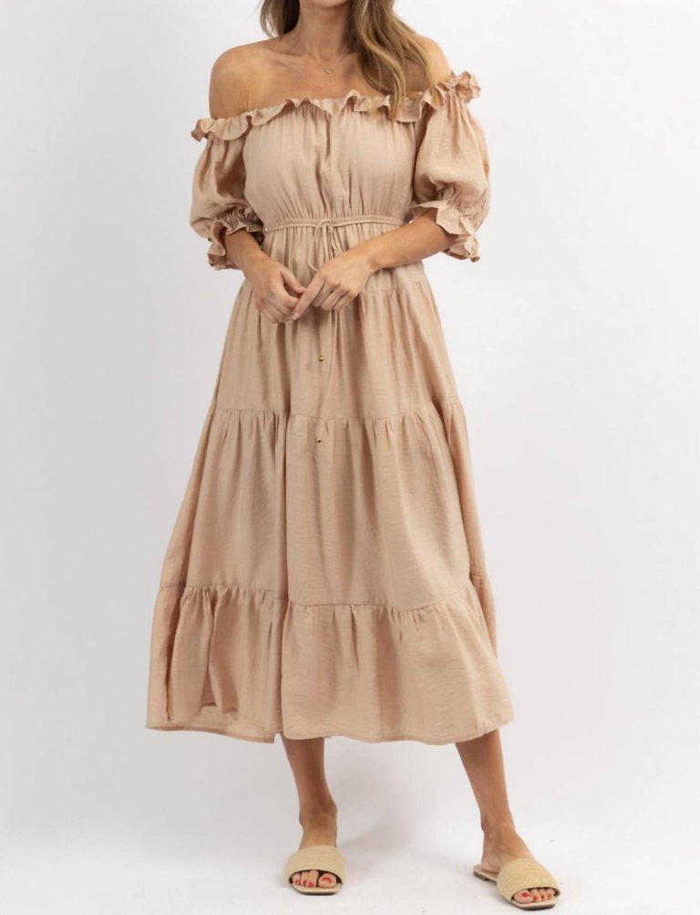 Off Shoulder Ruffle And Tie Waist Dress In Nude - Nude