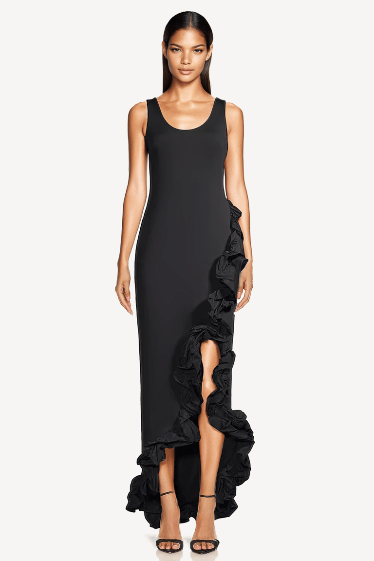 The Becca | Scuba Scoop Neck Ruffle Hem Gown