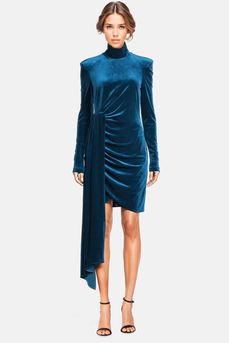 The Diana | Turquoise Velvet Turtleneck Mini Dress - Turquoise