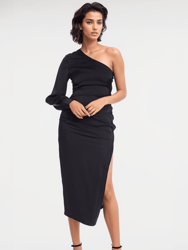 The Elana | Black One-Shoulder Midi Cocktail Dress - Black