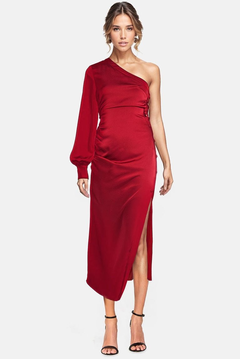 The Elana | Ruby One-Shoulder Midi Cocktail Dress - Ruby
