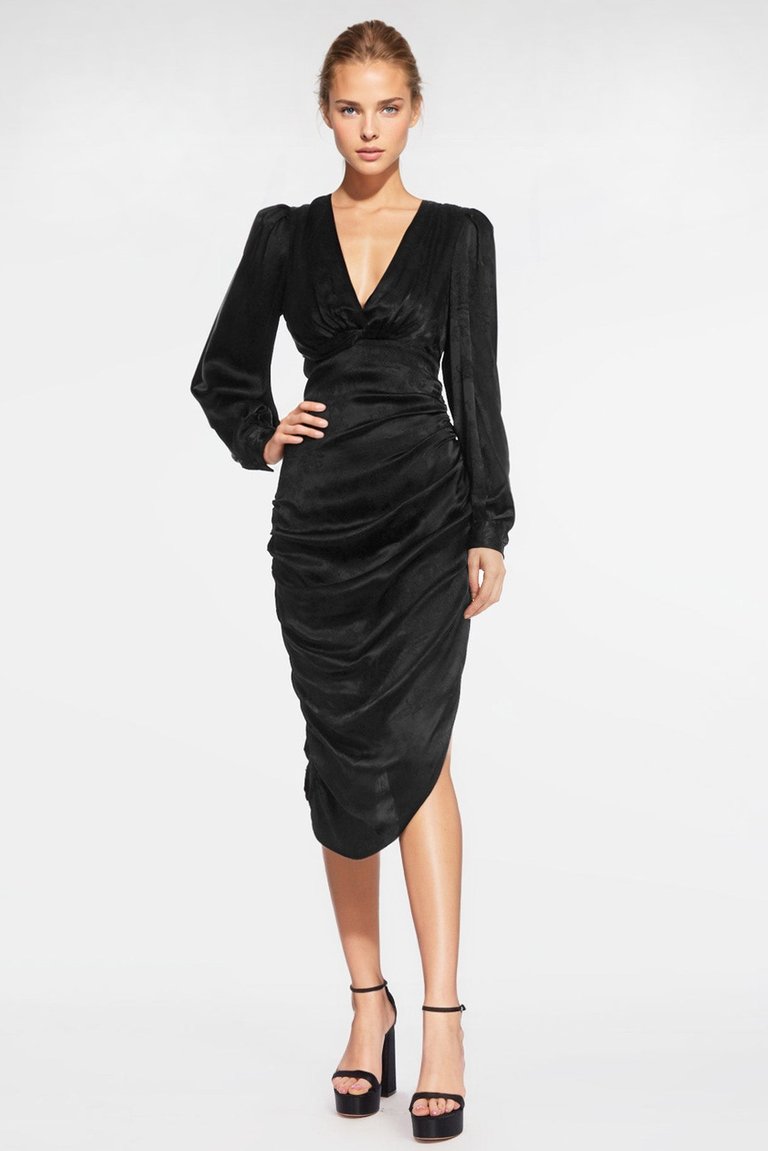 The Kamali | Black Ruched Jacquard Midi Dress - Black