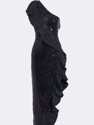 The Mercer Sequin | Black Pleated Ruffle Gown