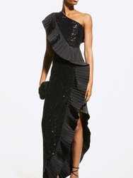 The Mercer Sequin | Black Pleated Ruffle Gown - Black