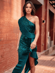 The Mercer Sequin | Emerald Pleated Ruffle Gown