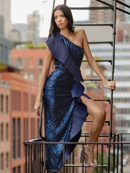 The Mercer Sequin | Navy Pleated Ruffle Gown