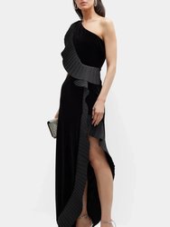 The Mercer Velvet Pleated Ruffle Gown - Black