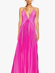 The Pauline | Pink Pleated Deep-V Gown - Pink