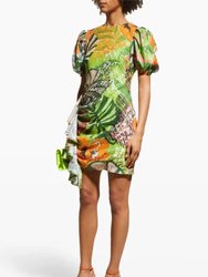 Tropical Printed Lace Sequin Draped Dress