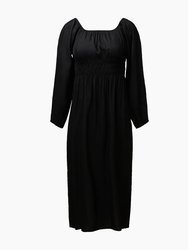 Air Linen Smocked Long Sleeve Dress - Black - Black