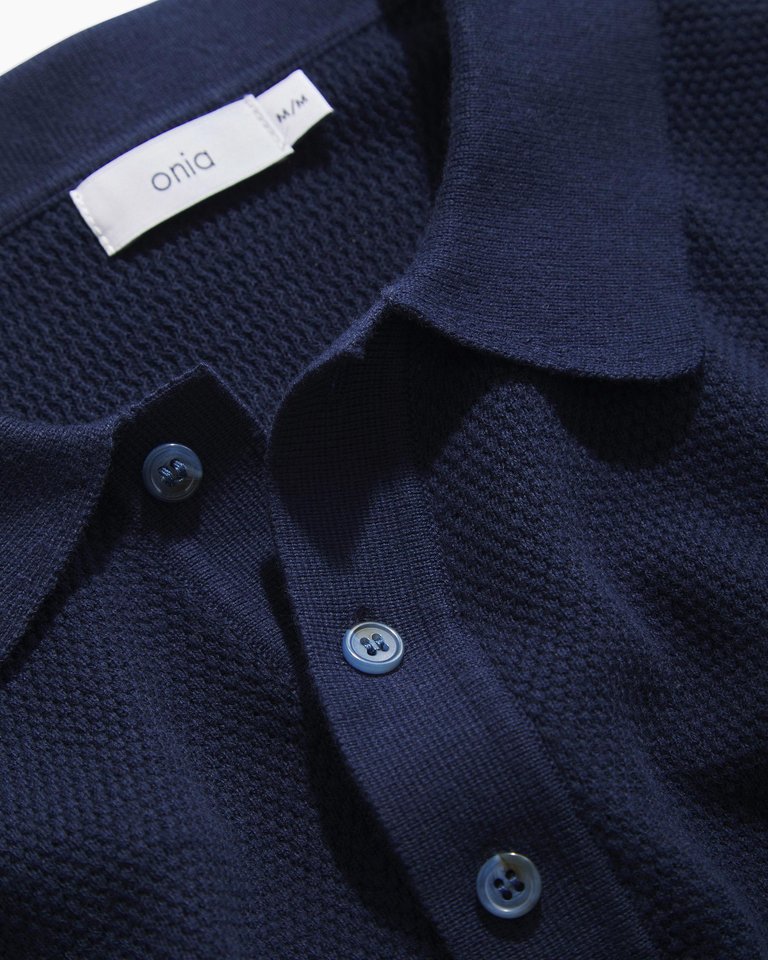 Cotton Textured Knit Polo -  Deep Navy