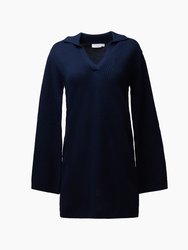 Cotton Waffle Sweater Polo Dress - Deep Navy - Deep Navy