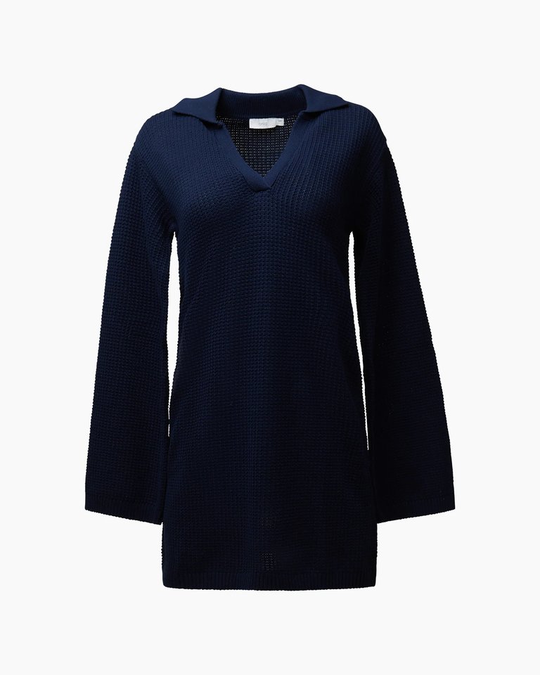 Cotton Waffle Sweater Polo Dress - Deep Navy - Deep Navy