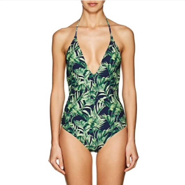 Nina Plunging V-Neck One-Piece Swimsuit - Palm Forest Navy