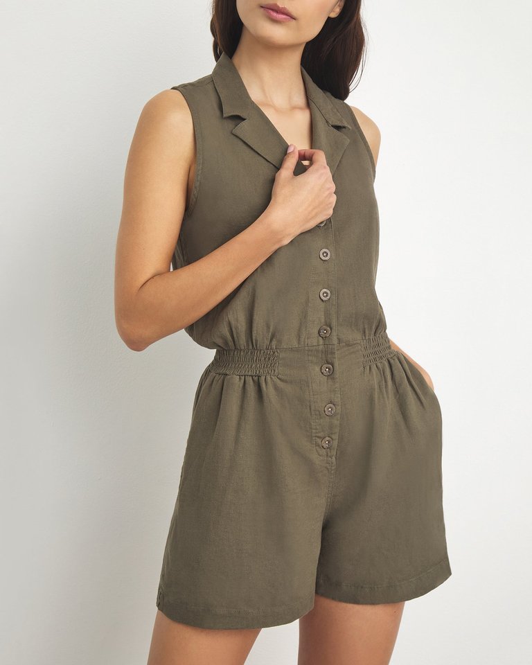 Sleeveless Button Front Linen Romper - Army-Green - Army-Green