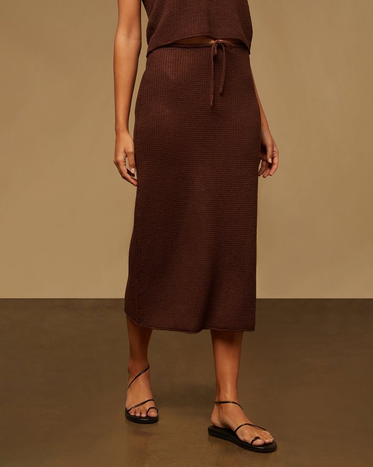 Textured Linen Sweater Drawstring Midi Skirt - Coffee