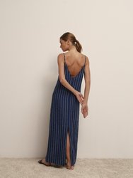 V-Neck Linen Maxi Slip Dress - Deep Navy White Double Pinstripe