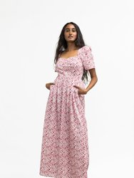 Beatrice Maxi Dress with Sweetheart Neckline - Pink (Ruby Red on Milk Cotton) Floral