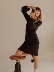 Daphne Midi Dress With Bust Seam Detail And Blouson Sleeves / Black Cotton - Black 