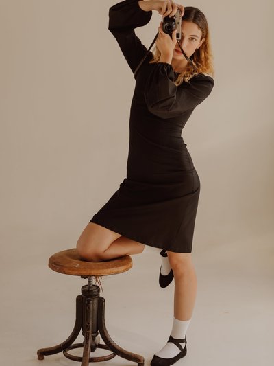 Onīrik Daphne Midi Dress With Bust Seam Detail And Blouson Sleeves / Black Cotton product