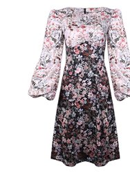 Daphne Midi Dress With Bust Seam Detail And Blouson Sleeves / Mixed Black And Milky White Florals Cotton