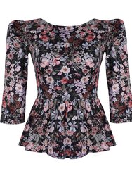 Hannah Bateau Neck Top With Corset Seam Details/Black Floral Cotton