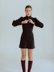 Jane High Neck Empire Mini Dress with Hook and Eye Detail and Blouson Sleeves