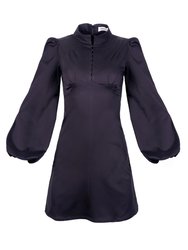 Jane High Neck Empire Mini Dress with Hook and Eye Detail and Blouson Sleeves