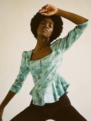 Mari Top in Cottage Blue & Pewter Green Cotton Toile